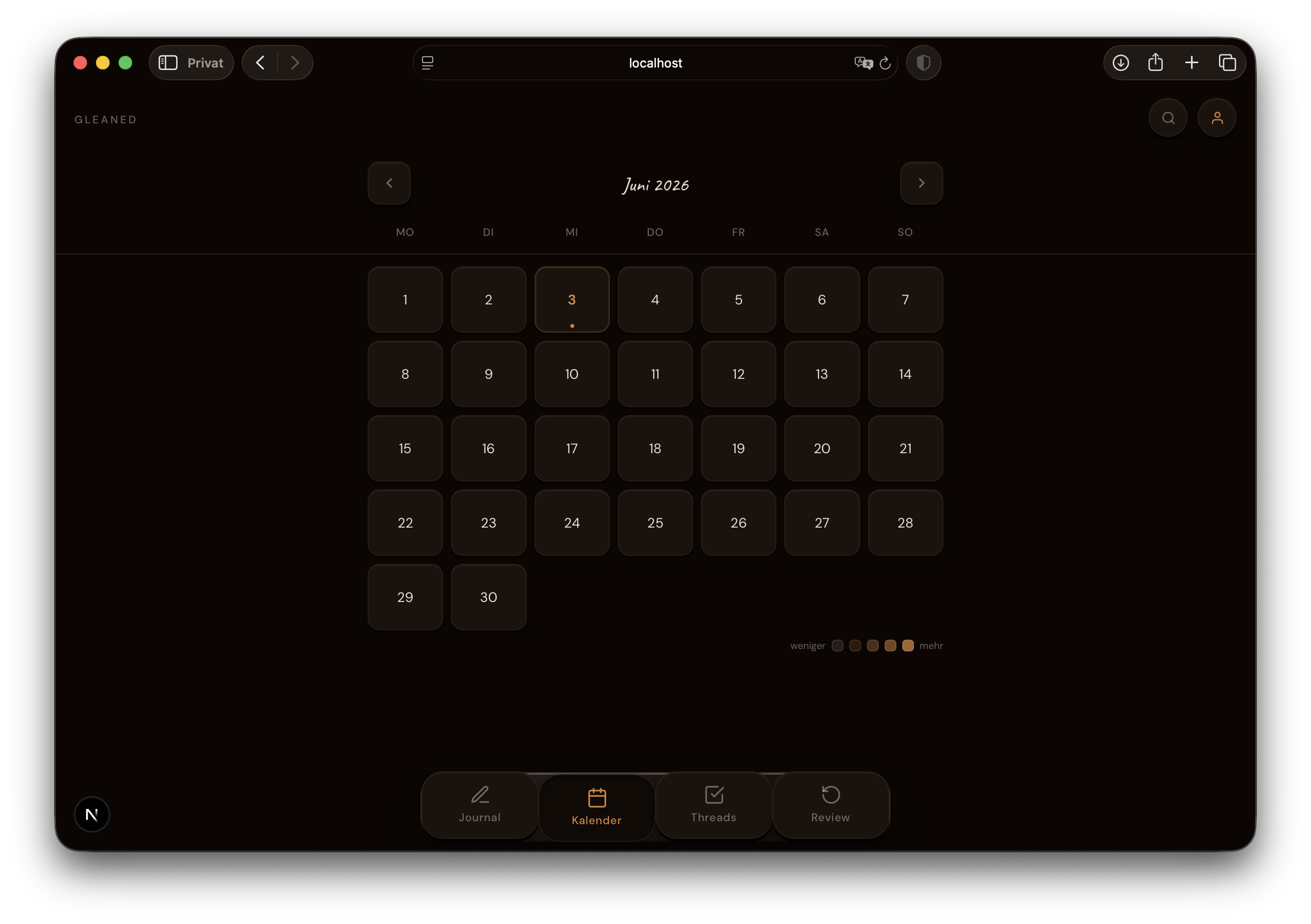 Calendar view — dark theme