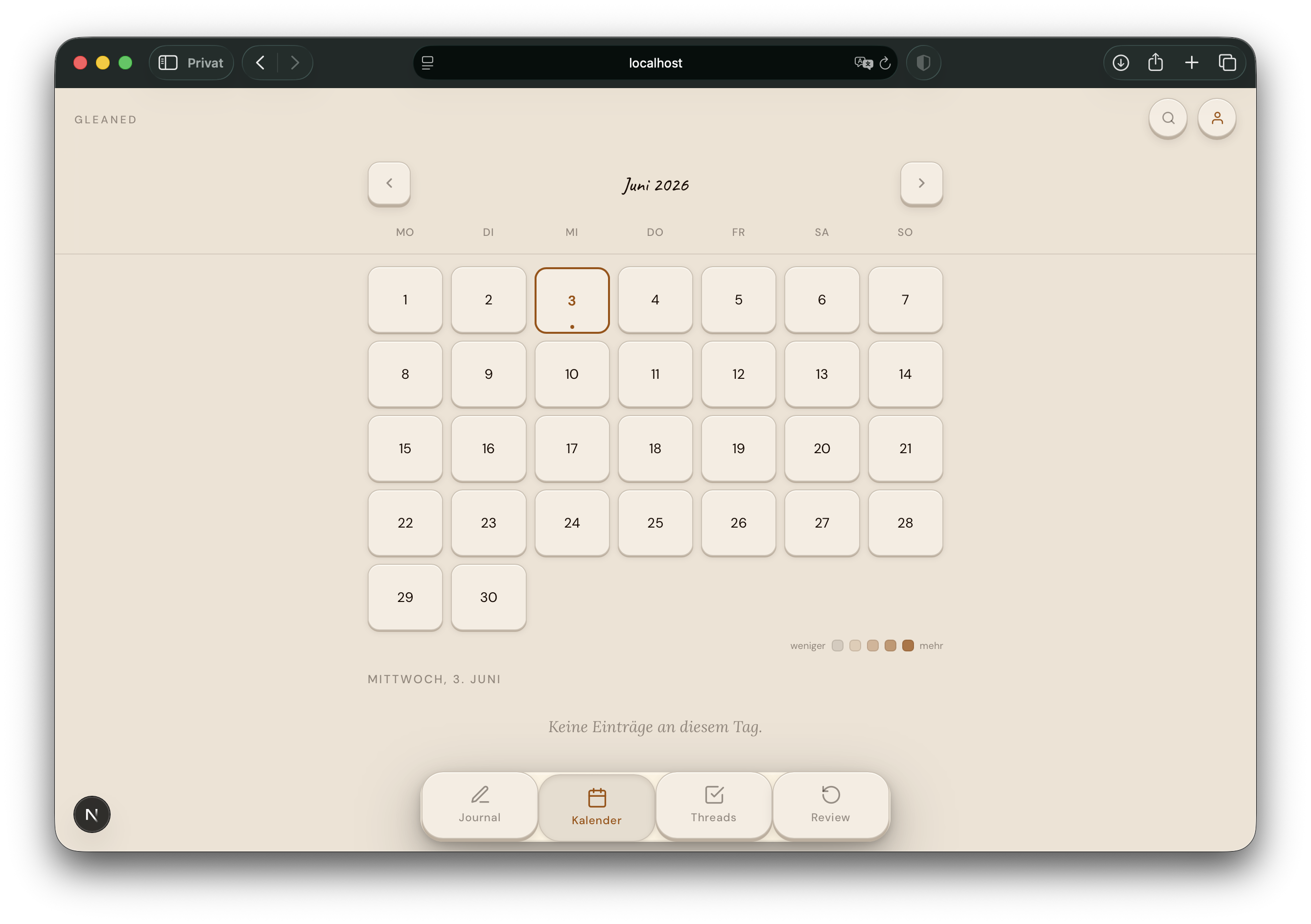 Calendar view — heatmap of all entries, browse any day