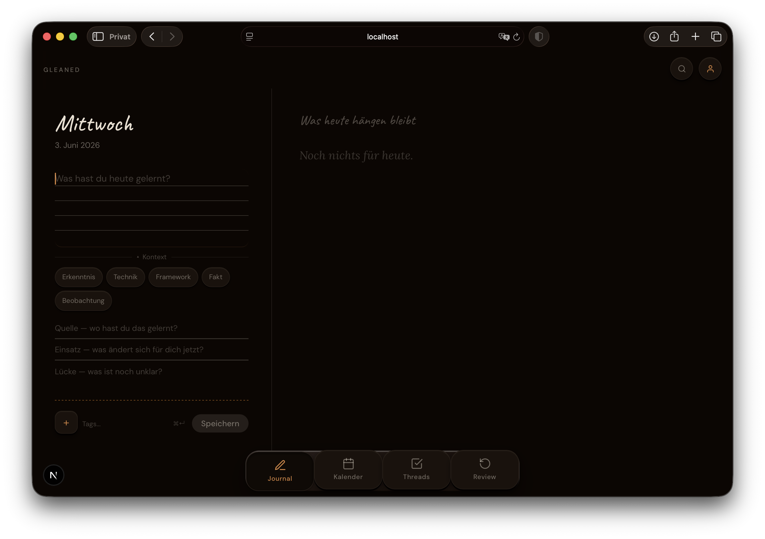 Journal view — dark theme