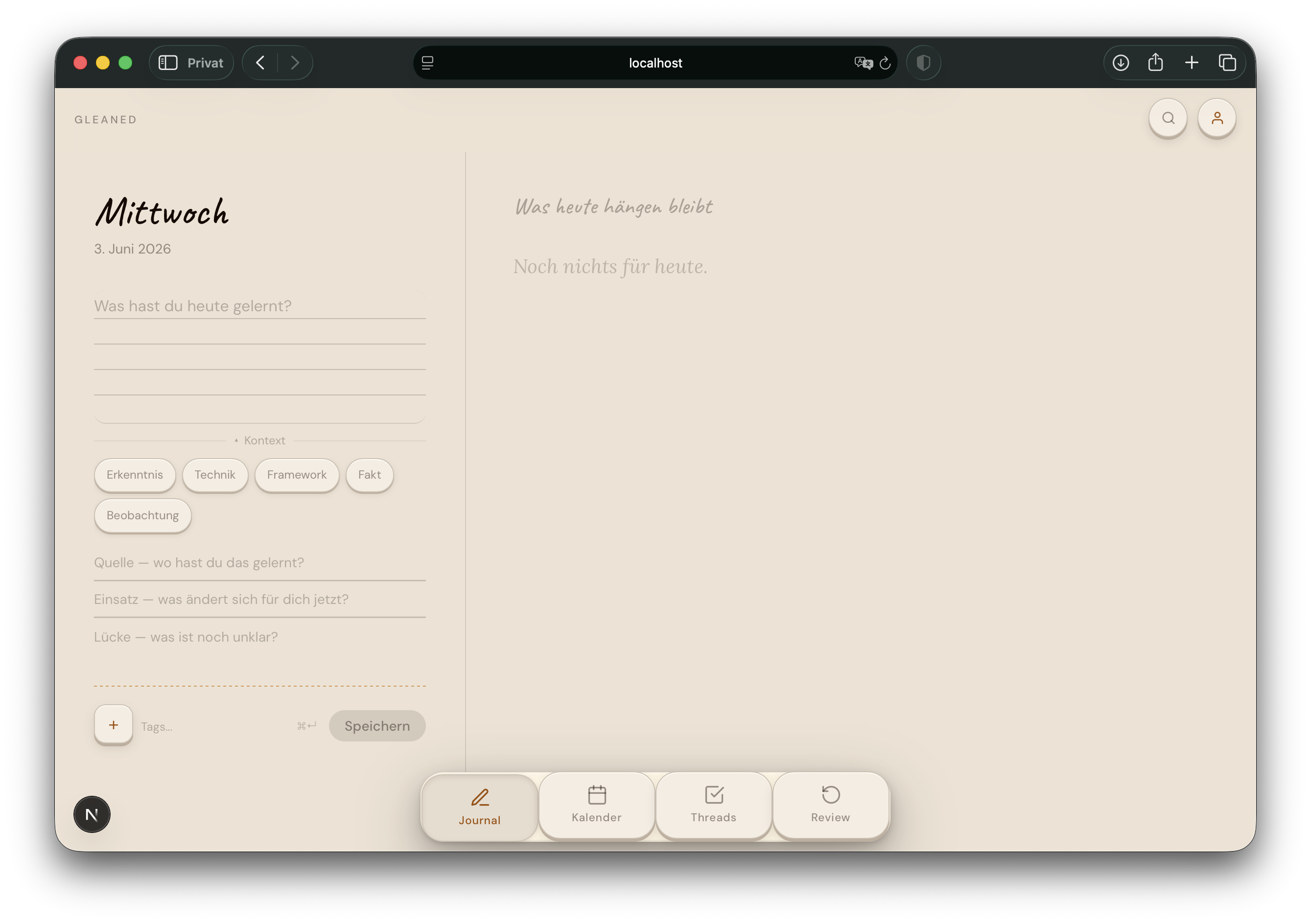 Journal view — write today's entries in Markdown with tags and context