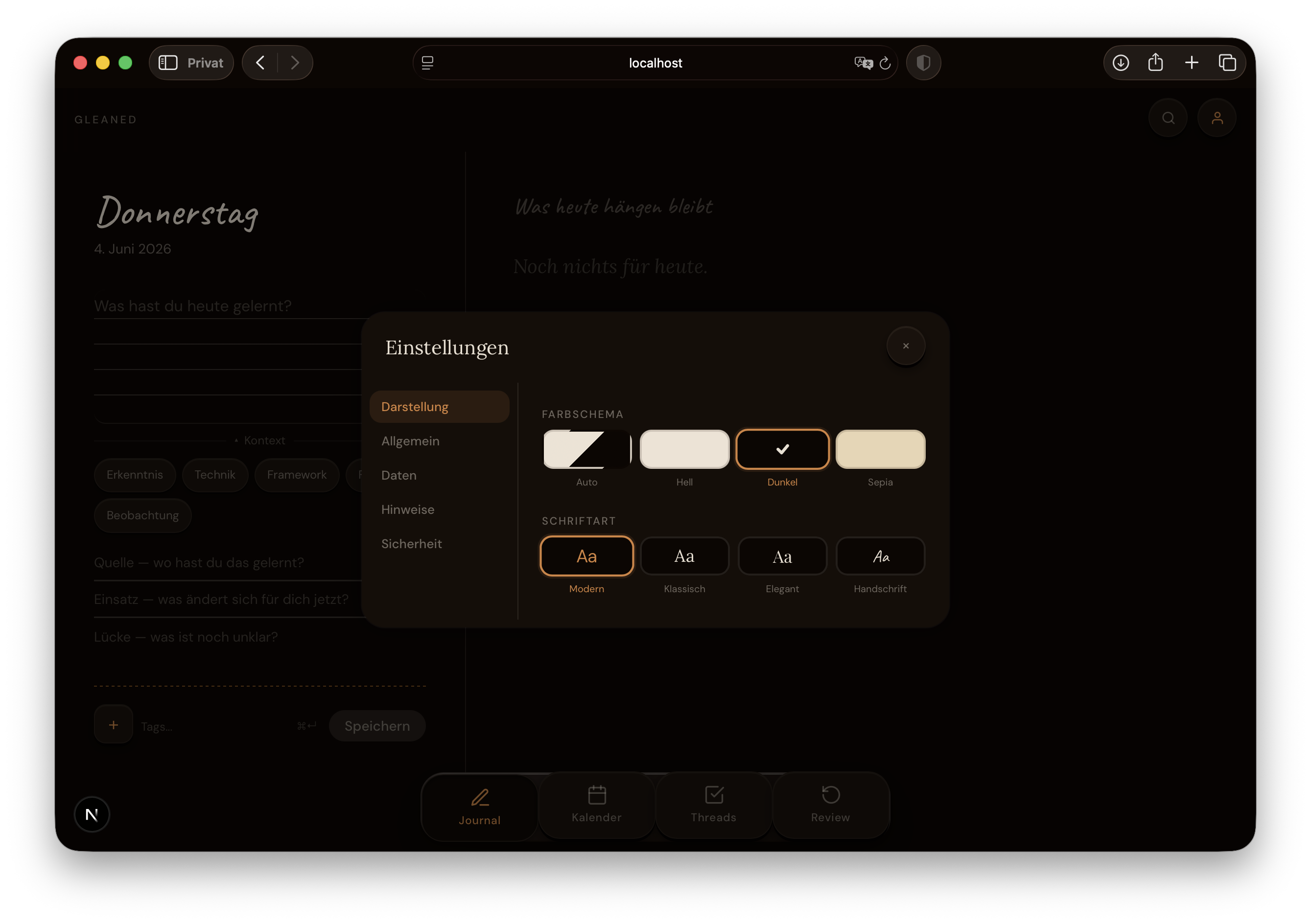 Settings view — dark theme