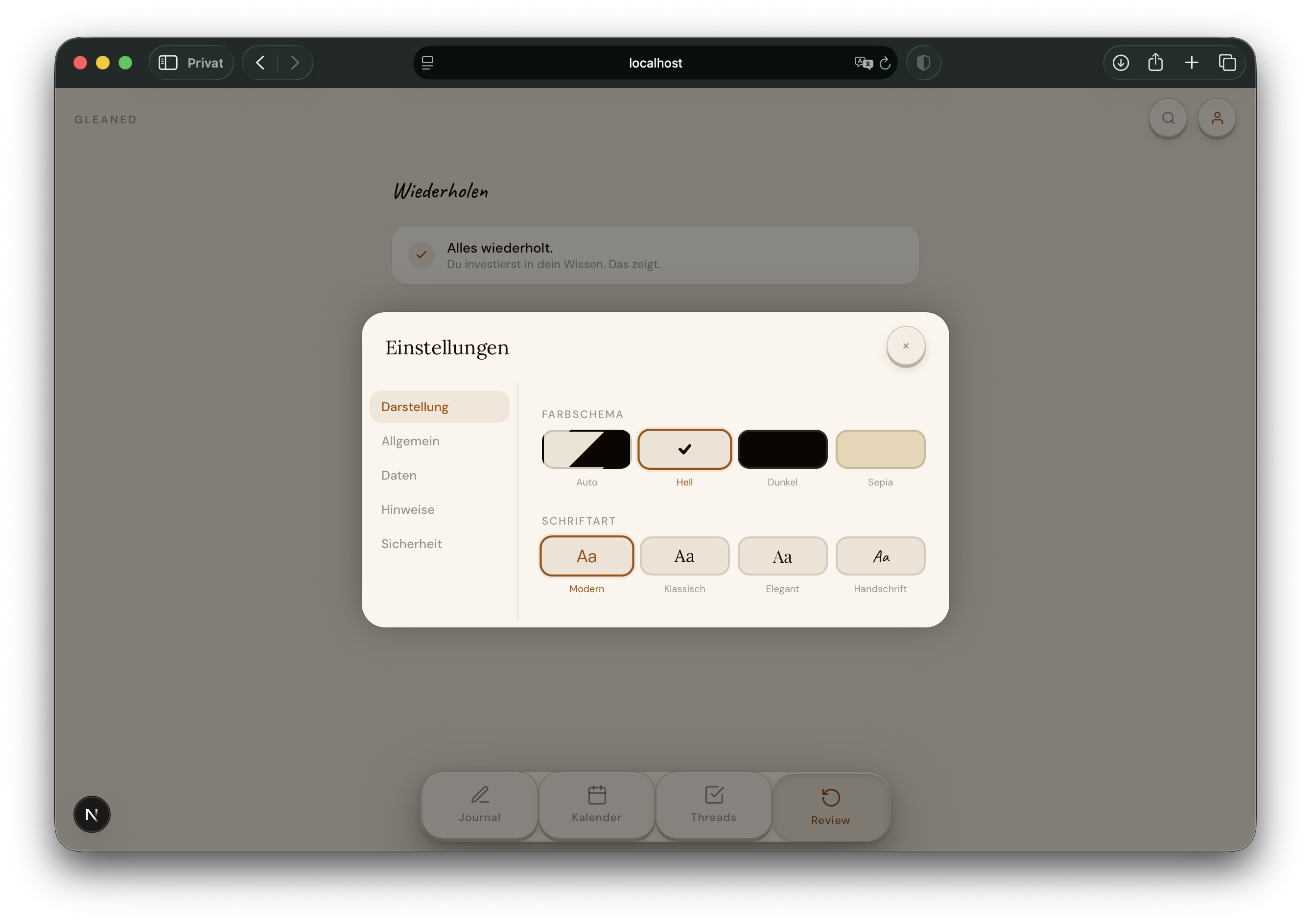 Settings view — themes, fonts, language, export and security