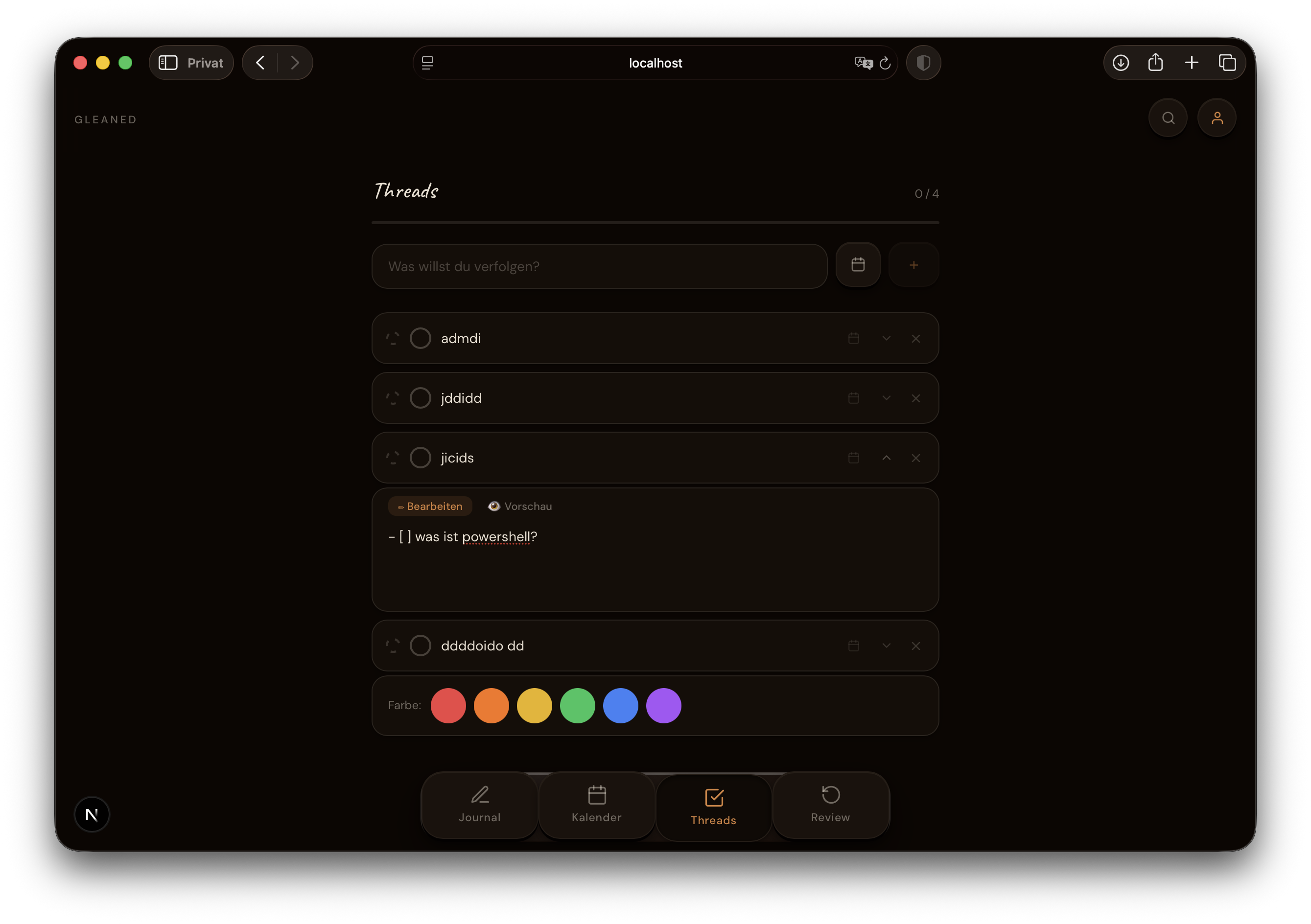 Threads view — dark theme