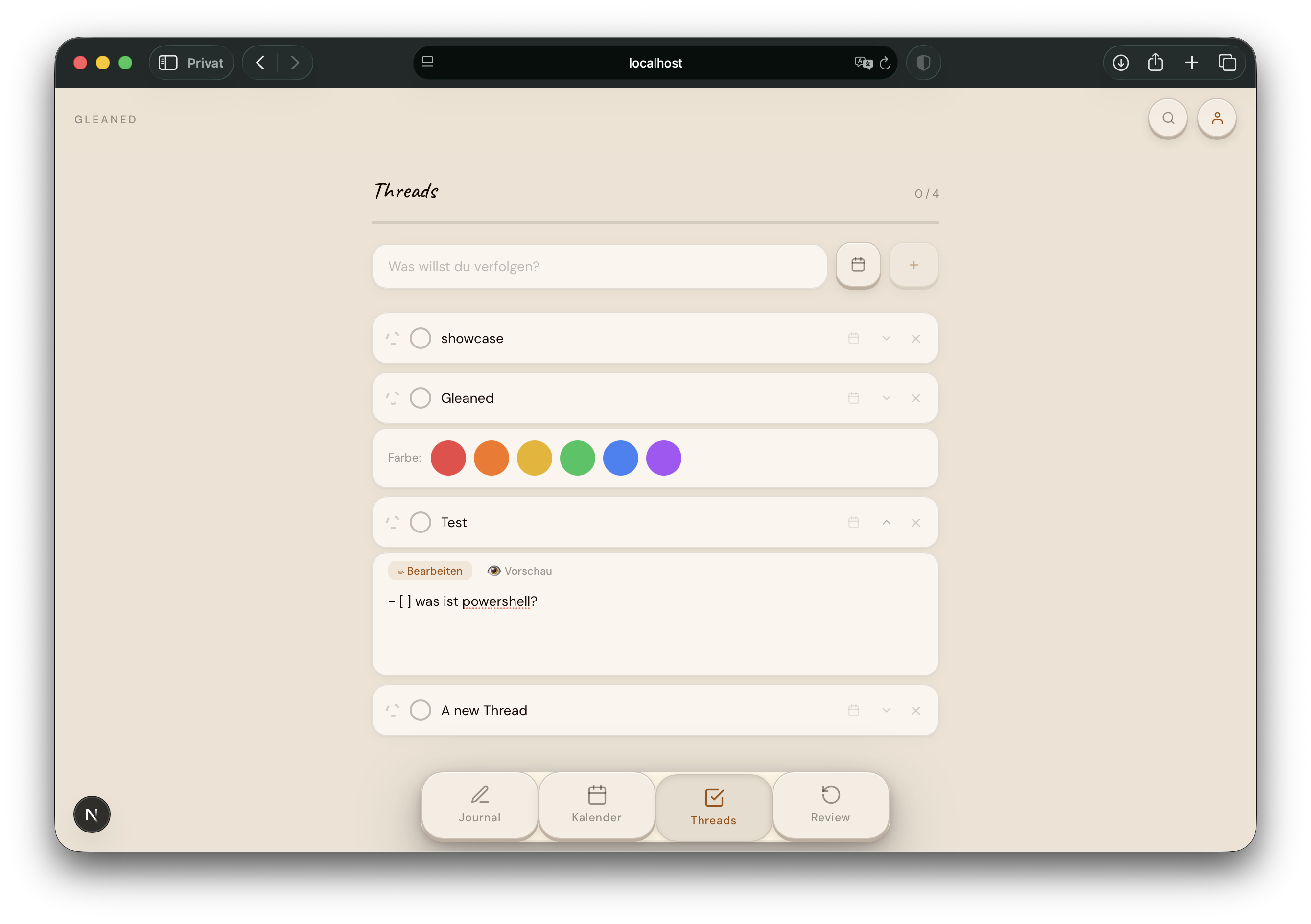 Threads view — track open ideas with due dates and colour labels